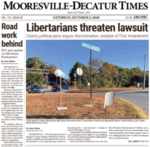 A sign stands in a town of Mooresville right-of-way at the intersection of Samuel Moore Parkway and Indianapolis Road on Oct. 2